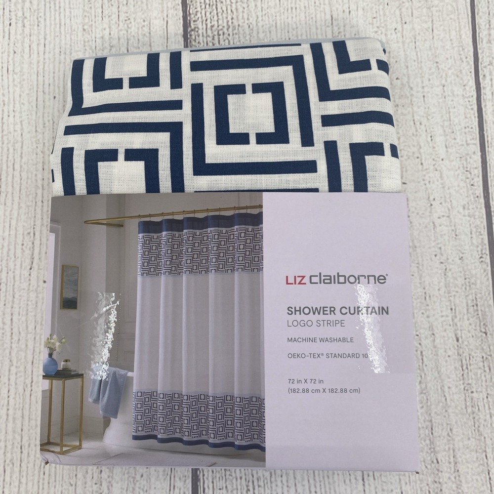 Liz Claiborne Shower Curtain White Navy Blue Logo Stripe Geometric 100% Cotton